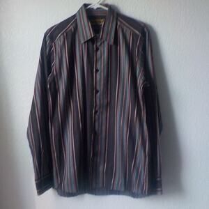 Castromen Brown Striped Button Up Shirt Men size Large Long Sleeve Career Casual